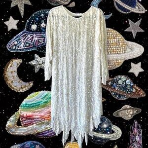 80s Does 20s White Sequin Beaded Flapper Dress